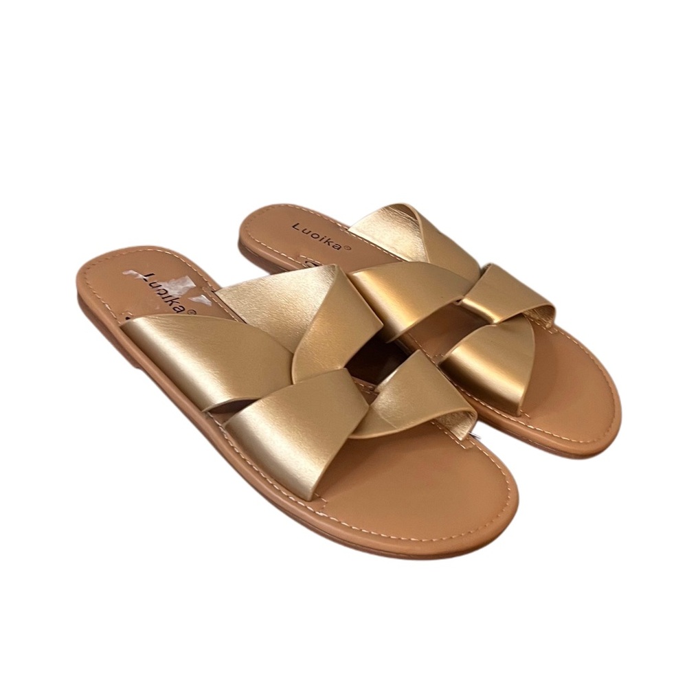 Luoika Women’s Gold Metallic Criss Cross Slide Sandals Size 8 Wide